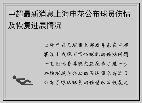 中超最新消息上海申花公布球员伤情及恢复进展情况