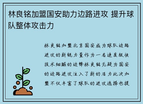 林良铭加盟国安助力边路进攻 提升球队整体攻击力